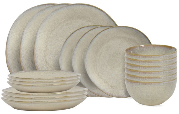 Service de table Cookinglife Linen Beige 18 pièces / 6 personnes - 6 assiettes à dîner, 6 assiettes à petit déjeuner et 6 bols
