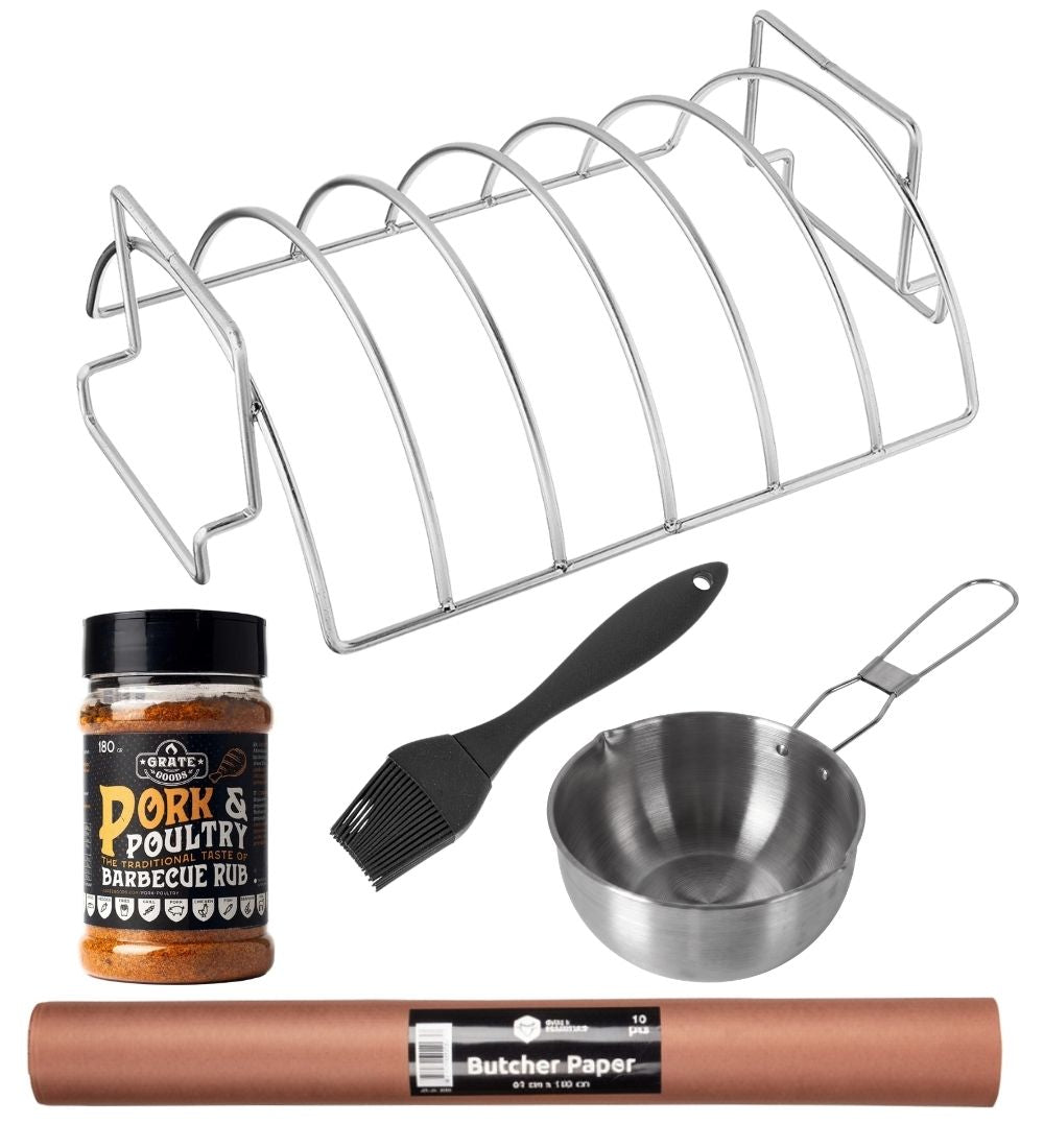 Cookinglife Ensemble complet BBQ Spareribs - Avec rub, support, casserole & papier à boucher