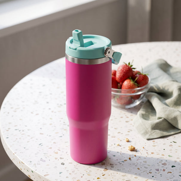 Cookinglife Tasse isotherme avec paille - Tumbler - Rose - 900 ml