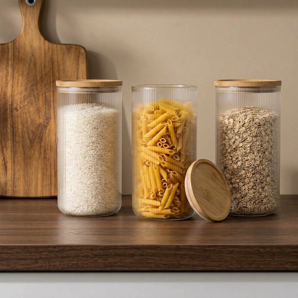 Pots de conservation set Cookinglife Boro Lines - Verre couvercle en bambou - ø 11 cm - 1750 ml - 3 pièces