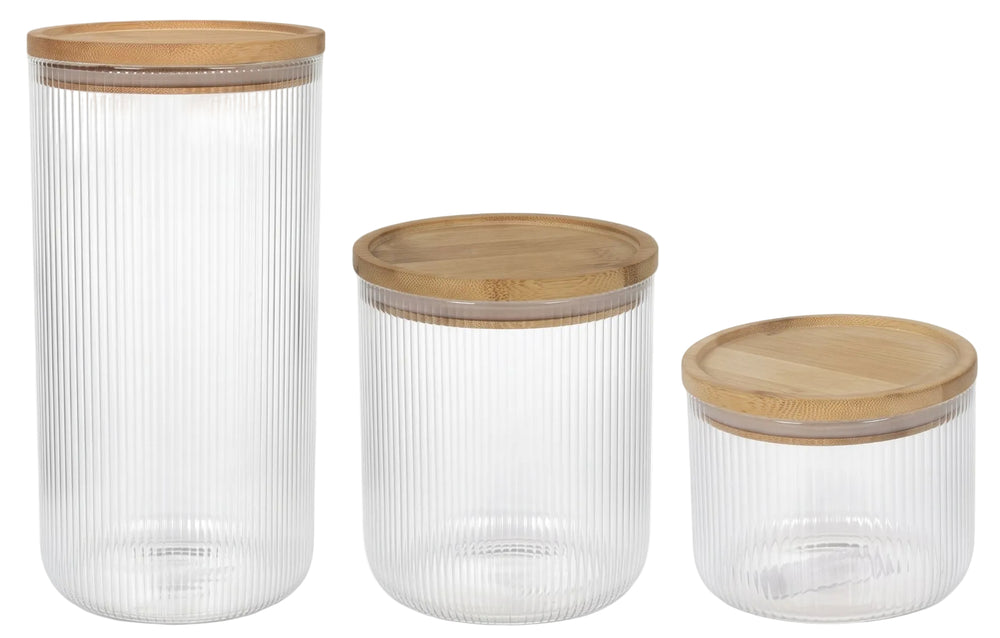 Pots de conservation set Cookinglife Boro Lines - Verre couvercle en bambou - 600 ml / 980 ml / 1750 ml - 3 pièces