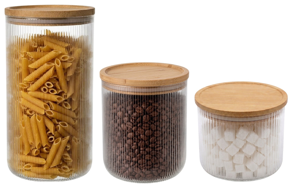 Pots de conservation set Cookinglife Boro Lines - Verre couvercle en bambou - 600 ml / 980 ml / 1750 ml - 3 pièces
