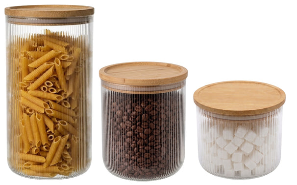 Pots de conservation set Cookinglife Boro Lines - Verre couvercle en bambou - 600 ml / 980 ml / 1750 ml - 3 pièces