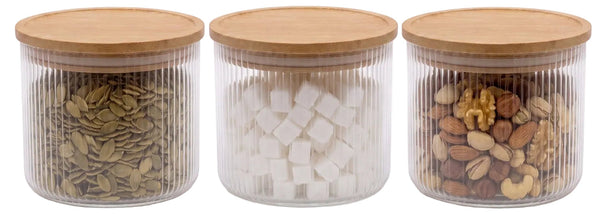 Pots de conservation set Cookinglife Boro Lines - Verre couvercle en bambou - ø 11 cm - 600 ml - 3 pièces