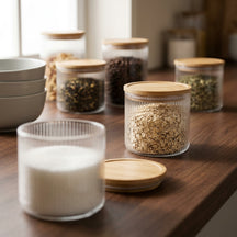 Pots de conservation set Cookinglife Boro Lines - Verre couvercle en bambou - ø 11 cm - 600 ml - 3 pièces
