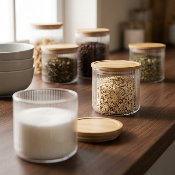 Pots de conservation set Cookinglife Boro Lines - Verre couvercle en bambou - ø 11 cm - 600 ml - 3 pièces