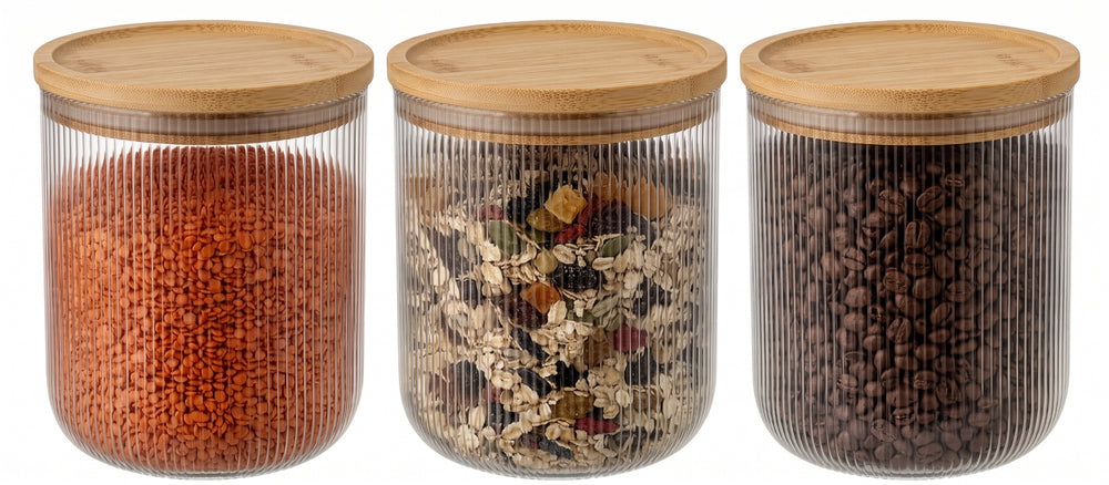 Pots de conservation set Cookinglife Boro Lines - Verre couvercle en bambou - ø 11 cm - 980 ml - 3 pièces