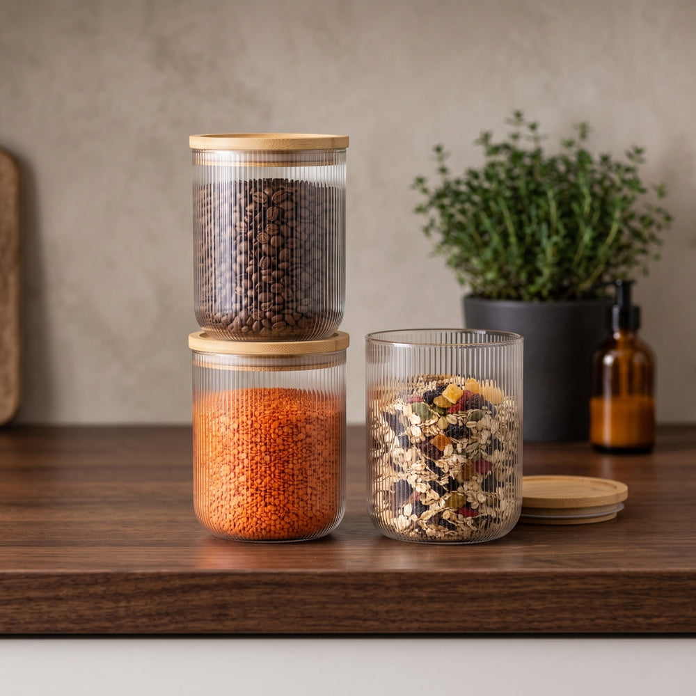 Pots de conservation set Cookinglife Boro Lines - Verre couvercle en bambou - ø 11 cm - 980 ml - 3 pièces