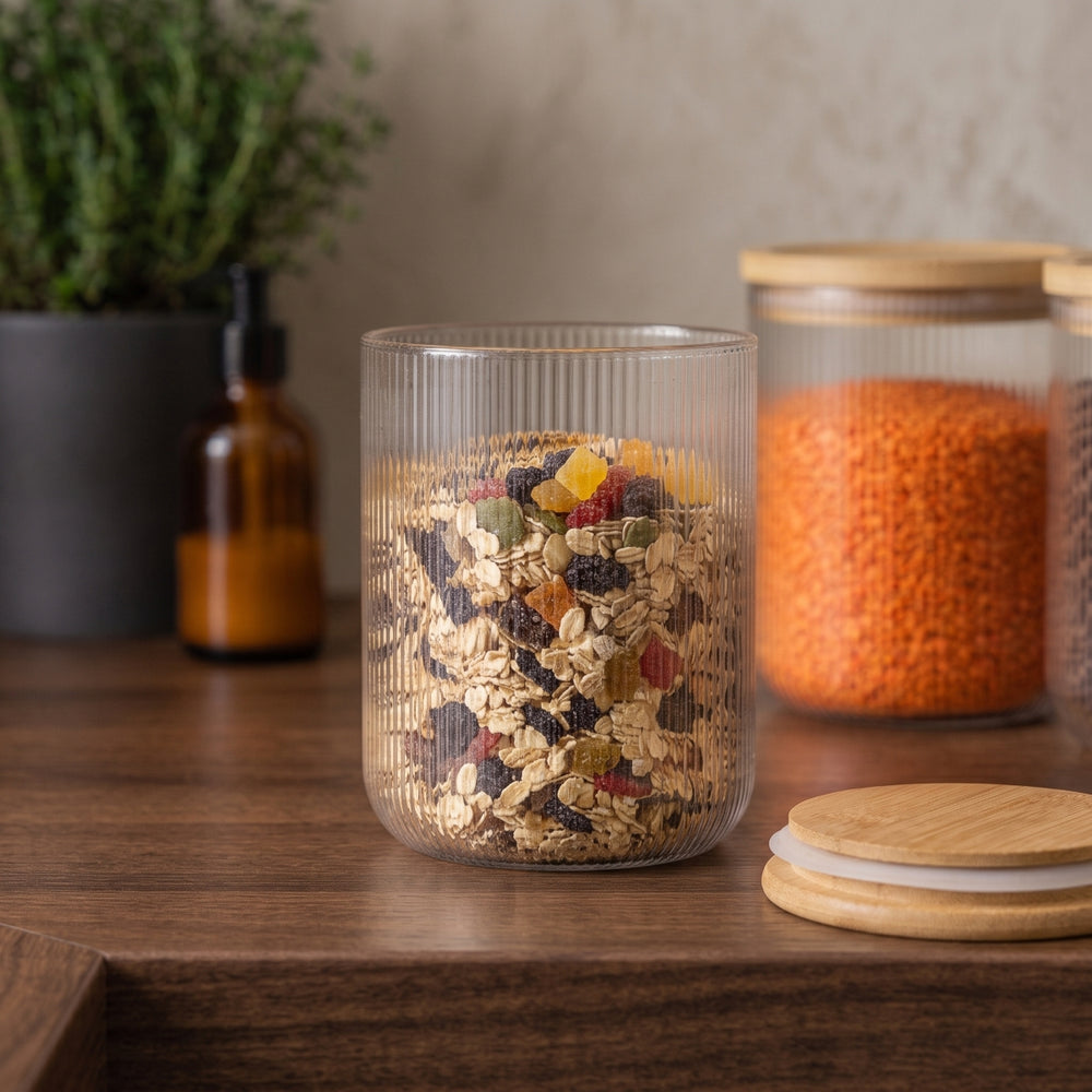 Pots de conservation set Cookinglife Boro Lines - Verre couvercle en bambou - ø 11 cm - 980 ml - 3 pièces