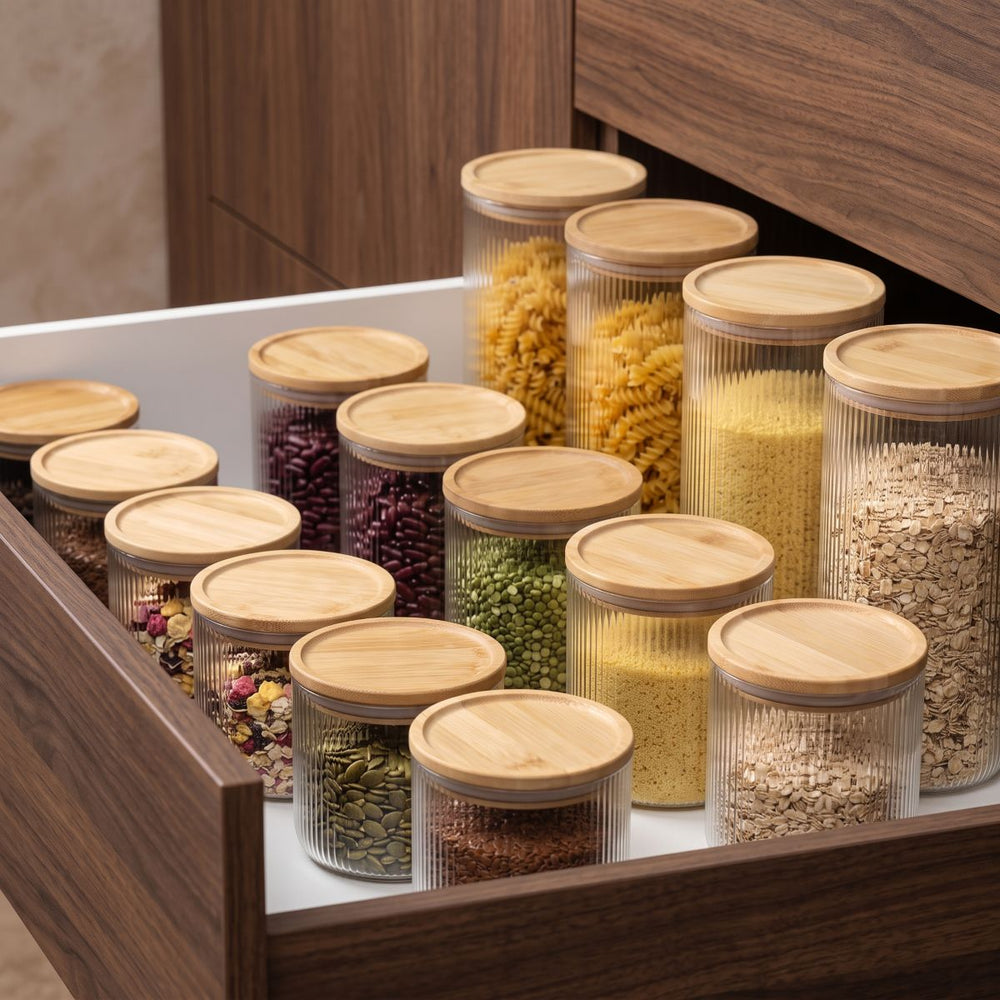 Pots de conservation set Cookinglife Boro Lines - Verre couvercle en bambou - ø 11 cm - 980 ml - 3 pièces
