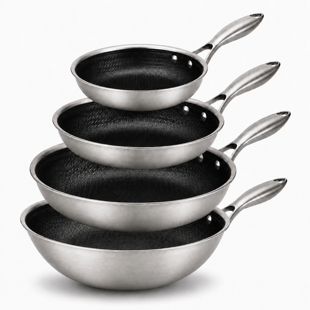 Batterie de cuisine Cookinglife HexaCook hybride 4 pièces - Wok ø 28 cm + poêles ø 20, 24 & 28 cm - ANTI-ADHÉSIF - compatible avec toutes les sources de chaleur - revêtement antiadhésif en céramique