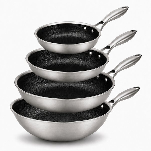 Batterie de cuisine Cookinglife HexaCook hybride 4 pièces - Wok ø 28 cm + poêles ø 20, 24 & 28 cm - ANTI-ADHÉSIF - compatible avec toutes les sources de chaleur - revêtement antiadhésif en céramique