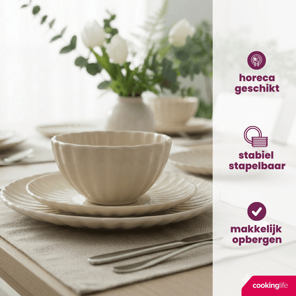 Service de vaisselle Cardida Cookinglife Beige 18 pièces / 6 personnes - 6 assiettes plates, 6 assiettes à dessert et 6 bols