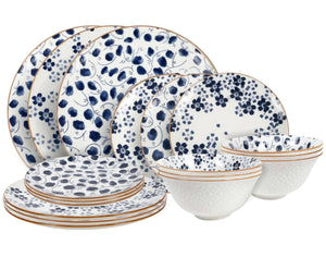 Ensemble de vaisselle Cookinglife Fleuris 18 pièces / 6 personnes - 6 assiettes à dîner, 6 assiettes à petit-déjeuner et 6 bols