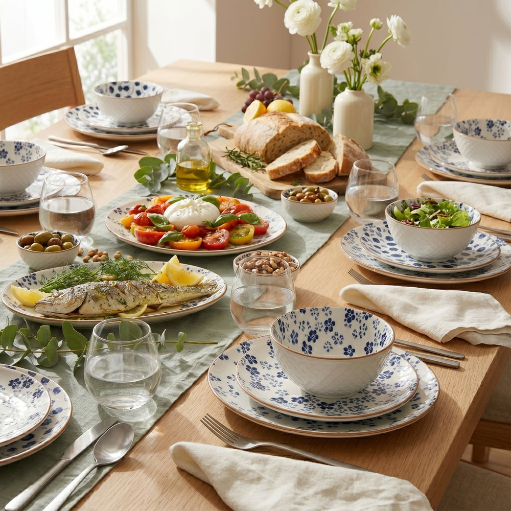 Ensemble de vaisselle Cookinglife Fleuris 18 pièces / 6 personnes - 6 assiettes à dîner, 6 assiettes à petit-déjeuner et 6 bols