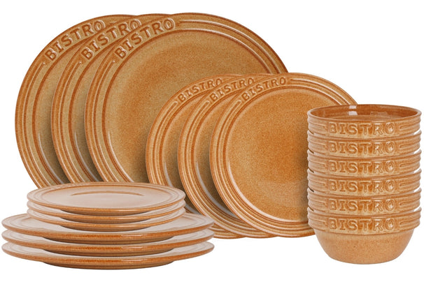 Service de table Cosy & Trendy Bistro Mustard Yellow 18 pièces / 6 personnes - 6 assiettes à dîner, 6 assiettes à petit-déjeuner & 6 bols