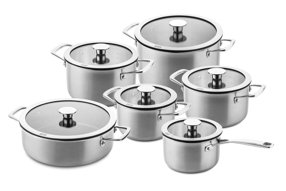 DUCQ Batterie de casseroles (Casserole ø 16 / 18 / 20 / 24 cm + Casserole ø 16 cm + Poêle ø 26 cm) + Couvercles - Aspiration descendante - Inox - Set 6 pièces 