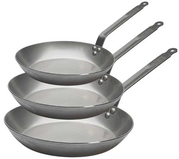 Ensemble de poêles De Buyer Lyonnaise Carbone Plus 3 pièces - Acier au carbone - ø 20, 24 & 28 cm - sans revêtement antiadhésif