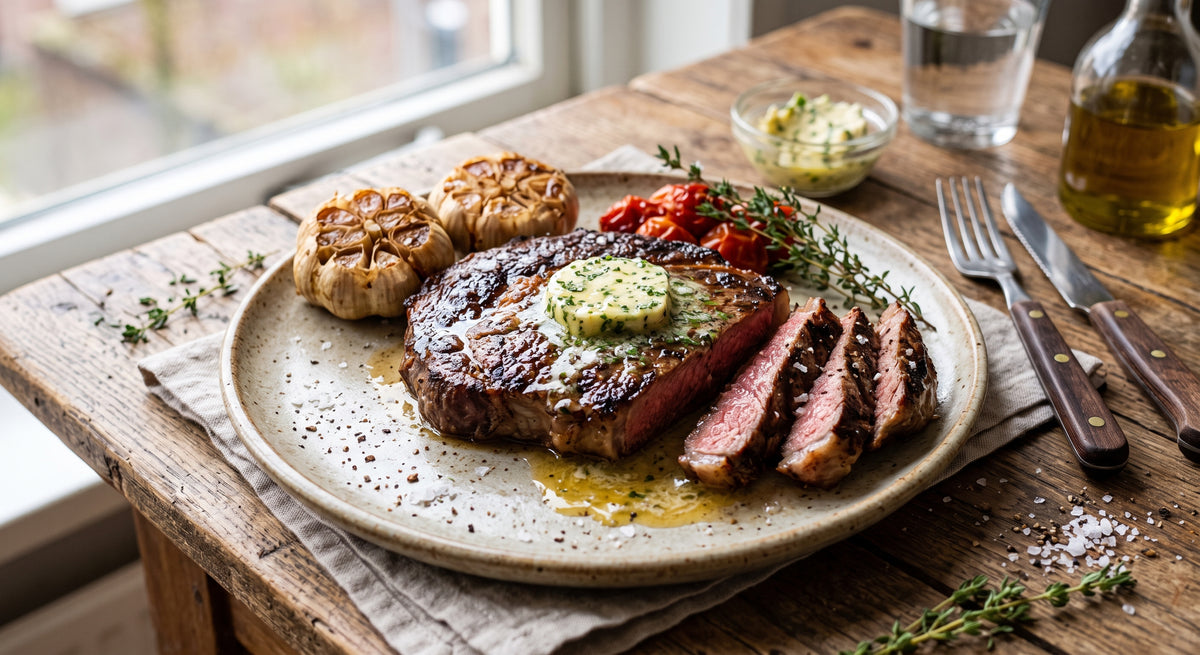 Viande juteuse avec une belle croûte dorée, tout droit sortie de la poêle.