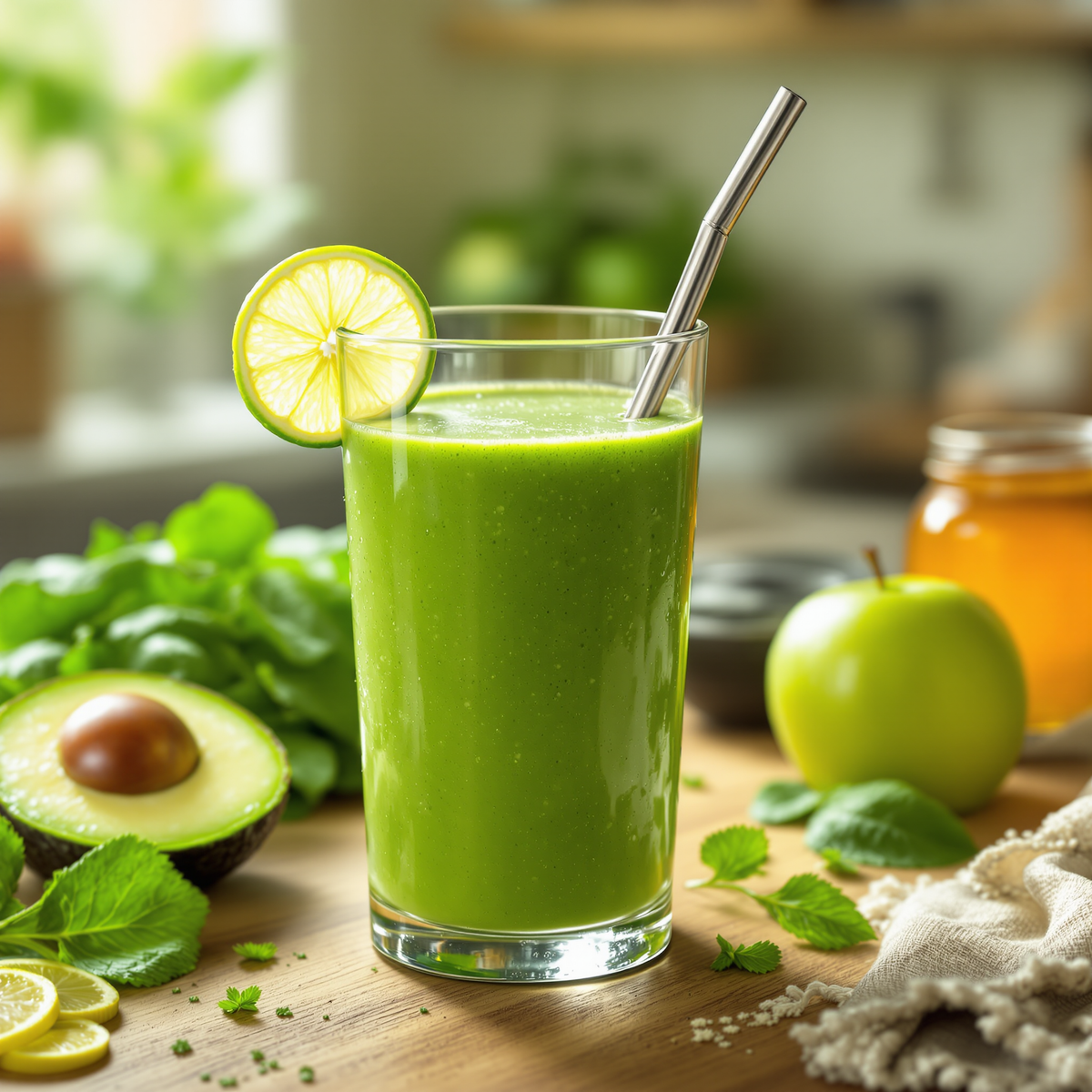 Smoothie vert frais et nutritif à la poire, à la banane et à la menthe