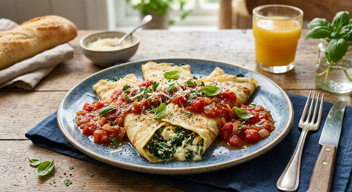 Délicieuses crêpes farcies aux épinards et fromage avec sauce tomate
