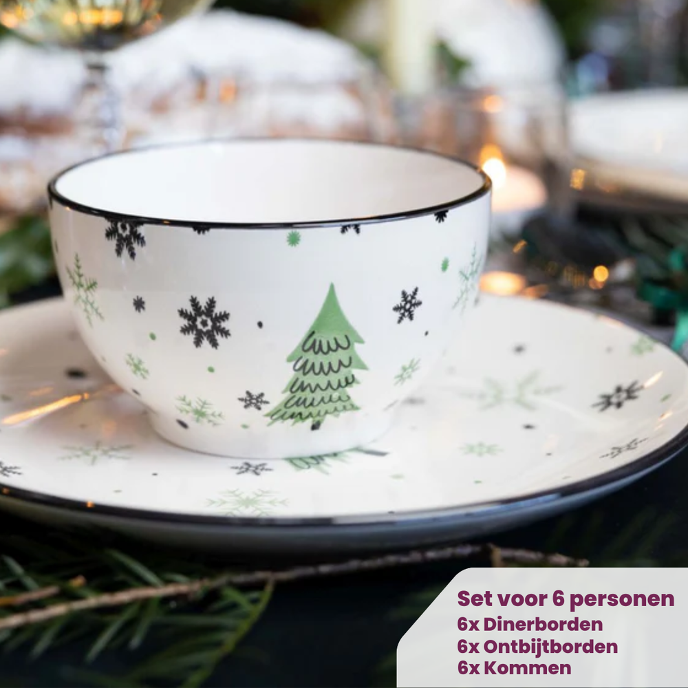 Service de table de Noël Cookinglife Vert 18 pièces / 6 personnes - 6 assiettes à dîner, 6 assiettes à petit-déjeuner & 6 bols