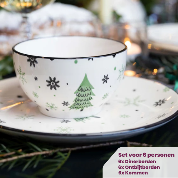 Service de table de Noël Cookinglife Vert 18 pièces / 6 personnes - 6 assiettes à dîner, 6 assiettes à petit-déjeuner & 6 bols