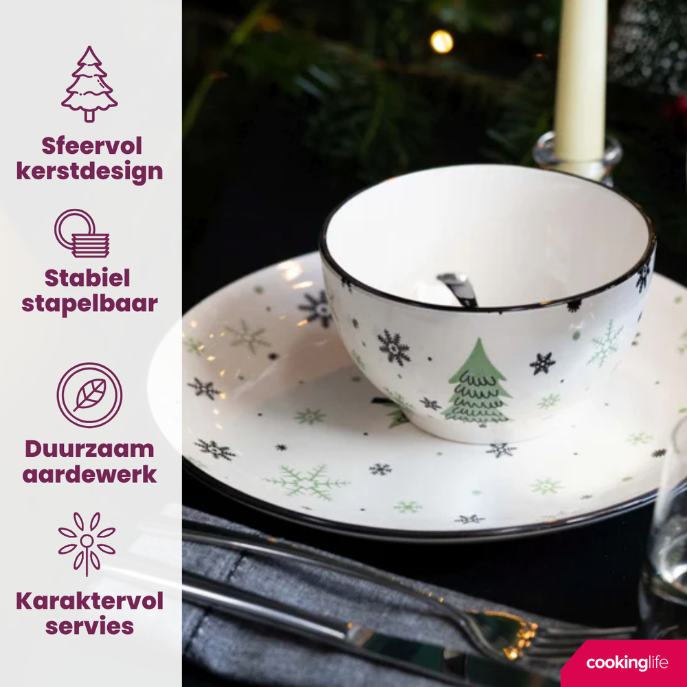Service de table de Noël Cookinglife Vert 18 pièces / 6 personnes - 6 assiettes à dîner, 6 assiettes à petit-déjeuner & 6 bols