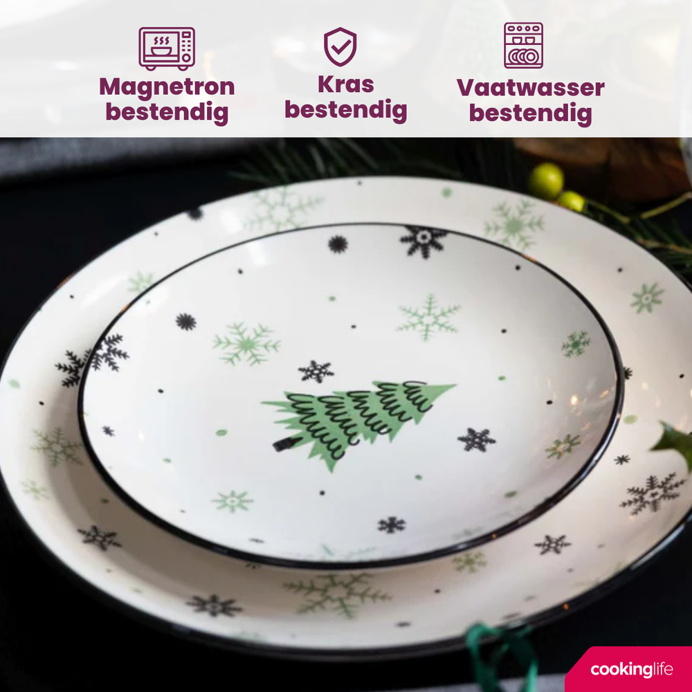 Service de table de Noël Cookinglife Vert 18 pièces / 6 personnes - 6 assiettes à dîner, 6 assiettes à petit-déjeuner & 6 bols