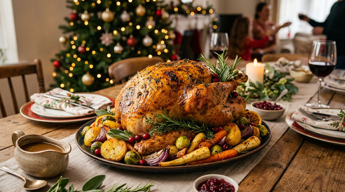 La star de votre table de Noël, dorée et juteuse sortie du four.