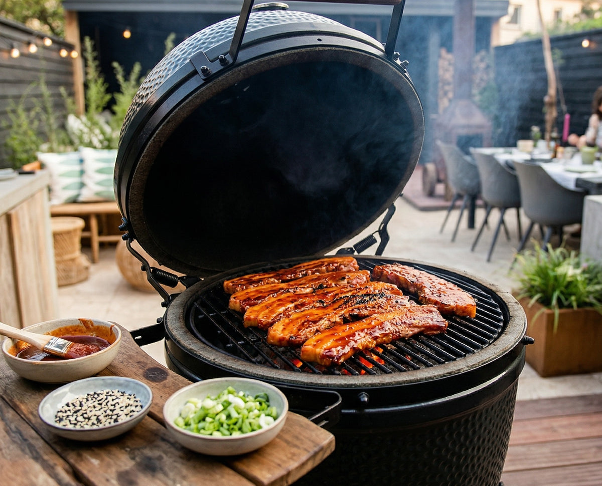 Tranches épaisses de poitrine de porc marinées dans une sauce collante, sucrée-épicée à base de gochujang (pâte de piment fermentée), surmontées de graines de sésame et d'oignon nouveau.