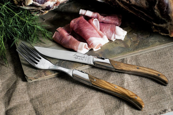 Ensemble de fourchettes a steak Laguiole - en bois d'olivier - 22 cm - 6 pièces
