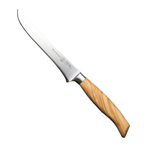 Messermeister Uitbeenmes Oliva Luxe 16 cm met olijfhouten heft, vrijstaand op witte achtergrond