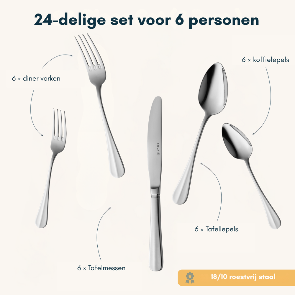 Ensemble de couverts Sola - en inox 18/10 - Hollands Glad - 6 pers - 24 pièces