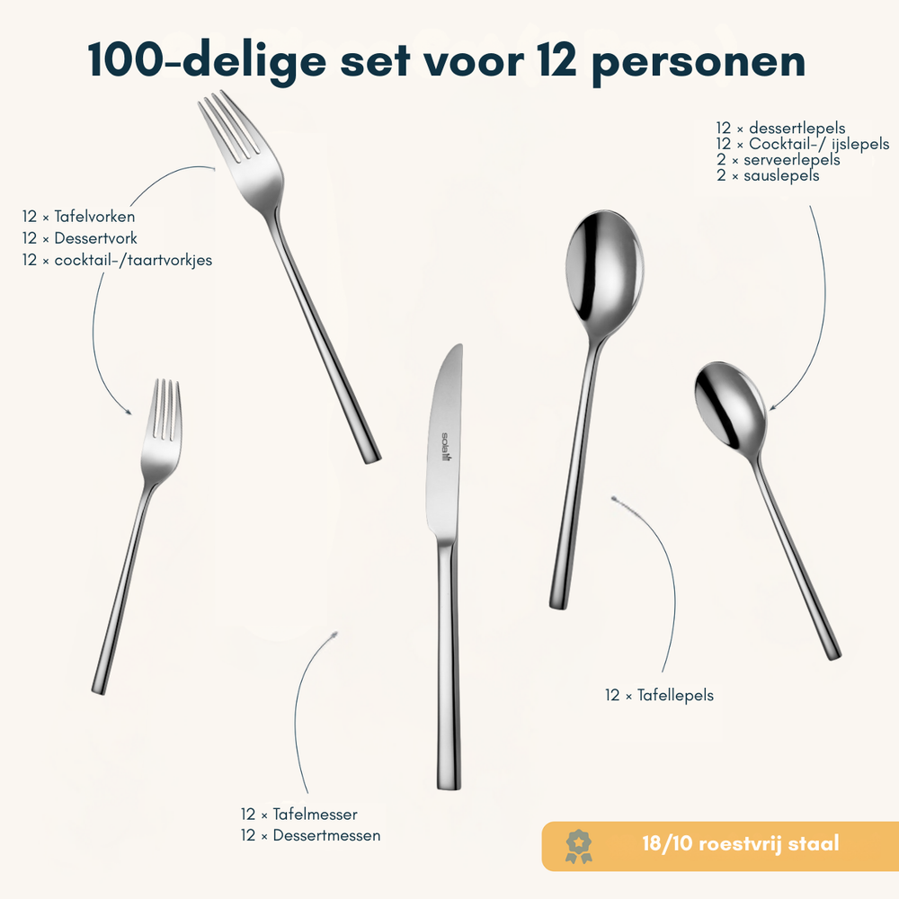 Ensemble de couverts Sola - en inox 18/10 - Montreux - 12 personnes - 100 pièces