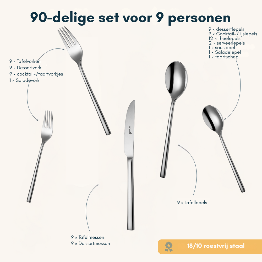 Set de couverts Sola - en inox 18/10 - Montreux - 9 personnes - 90 pièces