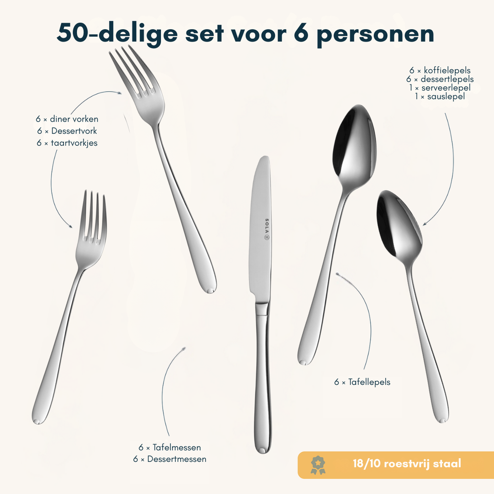 Ensemble de couverts Sola - Inox 18/10 - Fleurie - 6 personnes - 50 pièces
