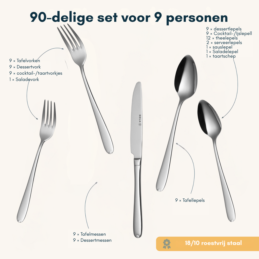 Set de couverts Sola - en inox 18/10 - Fleurie - 9 personnes - 90 pièces