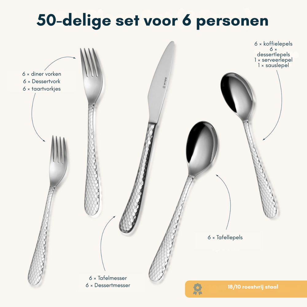 Ensemble de couverts Sola - en inox 18/10 - Lima - 6 personnes - 50 pièces