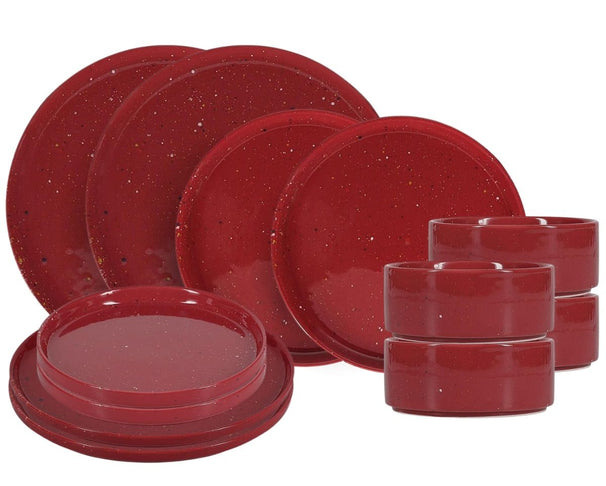 Ensemble de vaisselle ONA Fika Burgundy 12 pièces / 4 personnes - 4 assiettes à dîner, 4 assiettes à petit-déjeuner et 4 bols