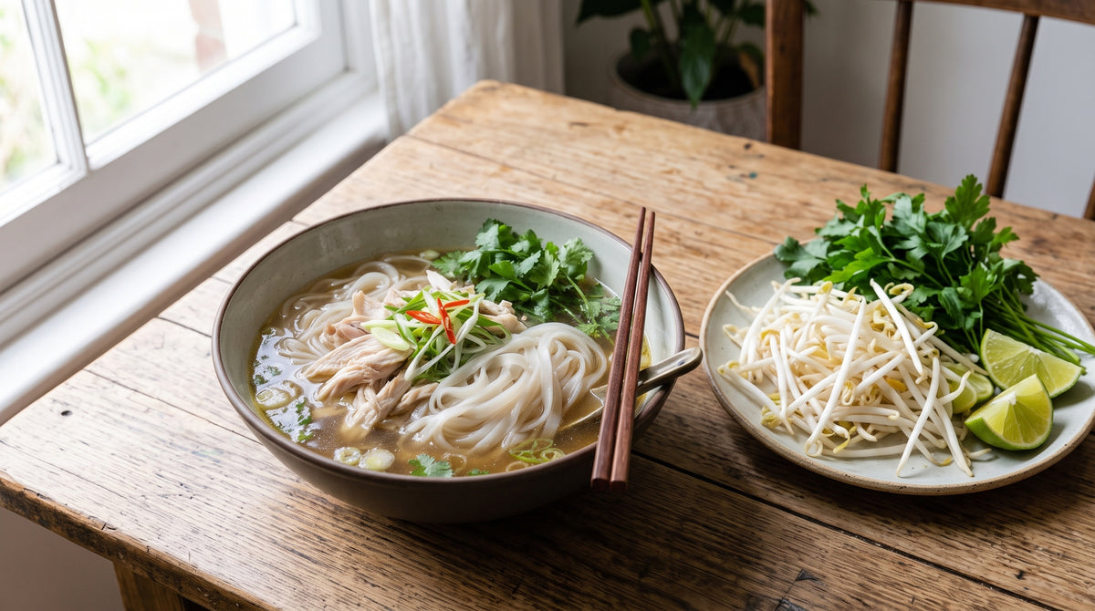 Een diepe, geurige bouillon met rijstnoedels en malse kip