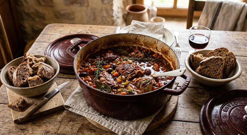 Cuite lentement avec des olives, des tomates et des herbes fraîches