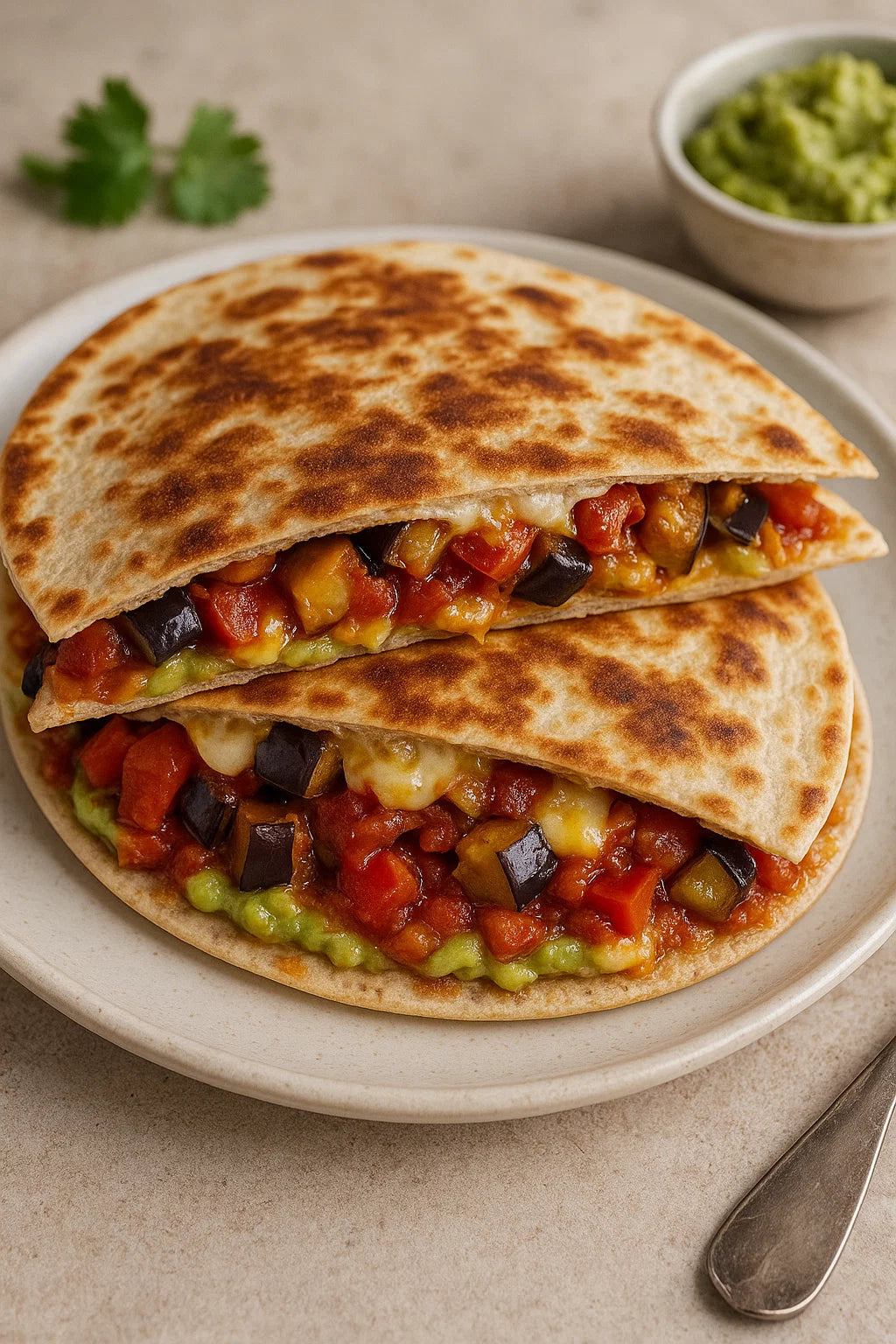 Tortillas croustillantes garnies d'une farce onctueuse d'aubergine et de poivron, avocat et fromage fondu