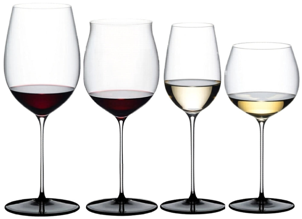 Ensemble de verres à vin Riedel Fatto A Mano Black Tie - Bordeaux Grand Cru, Bourgogne Grand Cru, Riesling & Chardonnay élevé en fût - 4 pièces