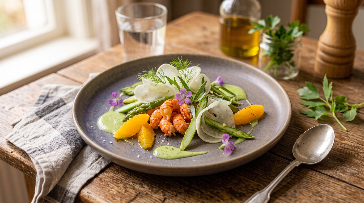 Assiette raffinée d'écrevisses sucrées, d'asperges croquantes et d'agrumes frais