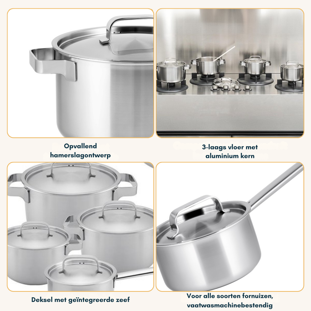 Batterie de cuisine Sola Ruby 4 pièces Premium Triply Inox - Casserole ø 16, 18, 20 cm & Casserole ø 16 cm - Induction compatible