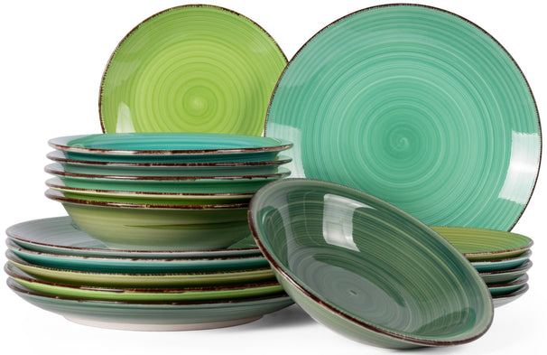 Service de vaisselle Cookinglife Delice Vert 18 pièces / 6 personnes - 6 Assiette plates, 6 assiettes creuses en 6 assiettes à petit-déjeuner