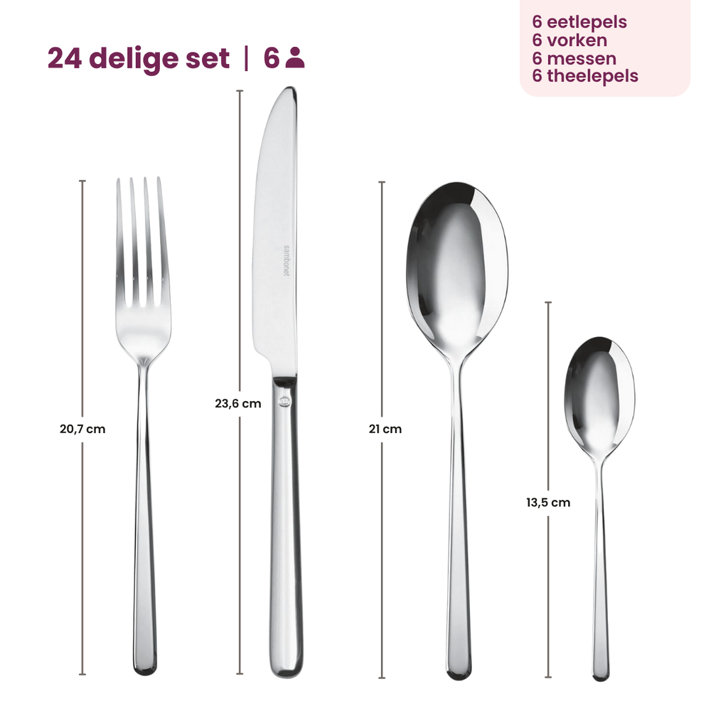 Ensemble de couverts Sambonet Linear en acier inoxydable de 24 pièces.