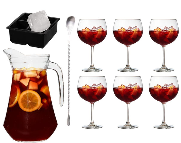 Set à sangria - Carafe 1,6 L avec 6 Verres 700 ml, Cuillère à cocktail & Moule à glaçons