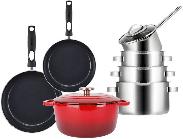 Batterie de cuisine Sola Pearl 7 pièces inox - Compatible Induction - Casserole ø 16, 18, 20 cm & Casserole ø 16 cm + Poêle ø 24, 28 cm + Cocotte ø 24 cm